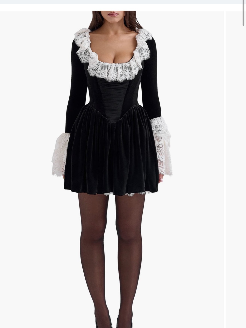 House of CB Black Czarina Velvet Mini Dress with White Lace Trim